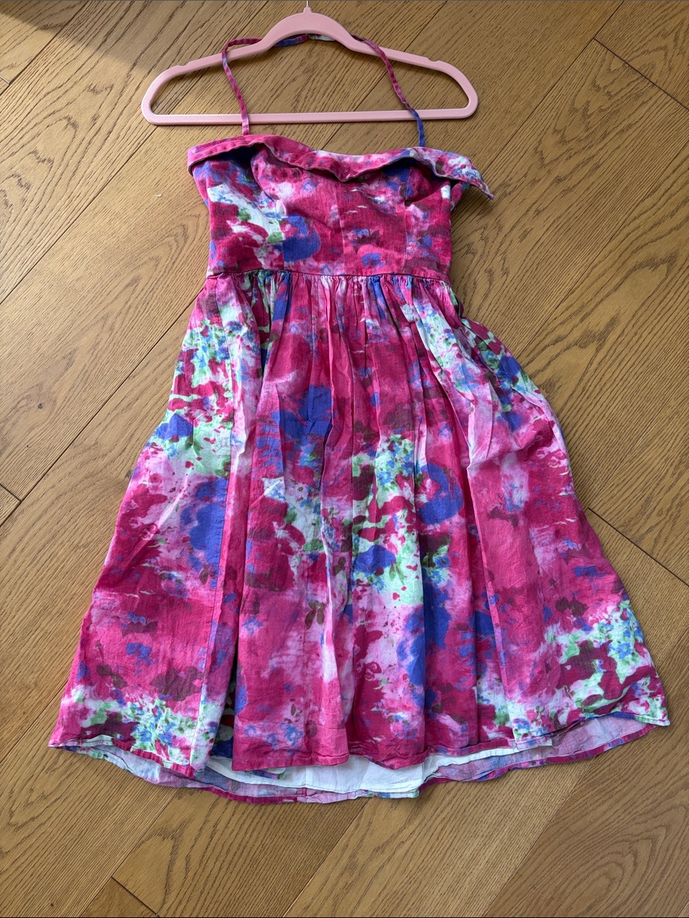 Bright Pink Floral Tie-Dye Midi Dress with halter Strap
